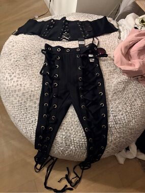 Hot Miami Styles Black Lace-Up High-Waist Skinny Pants set